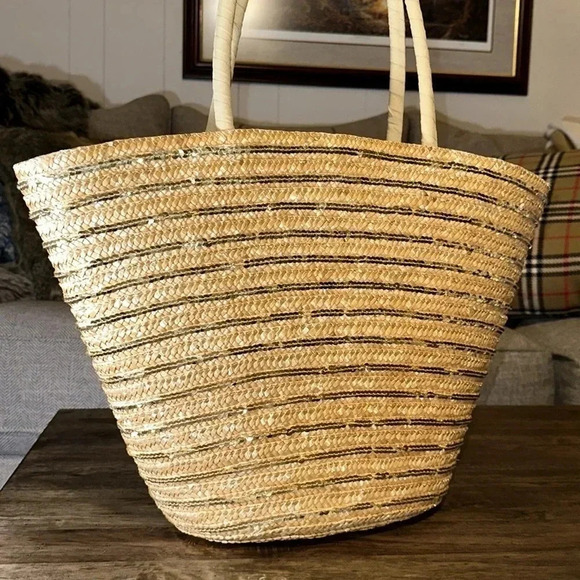 Cappelli Staw Summer Large Lined Tote Bag w/Gold Sequins Zipper Closure - Picture 3 of 16